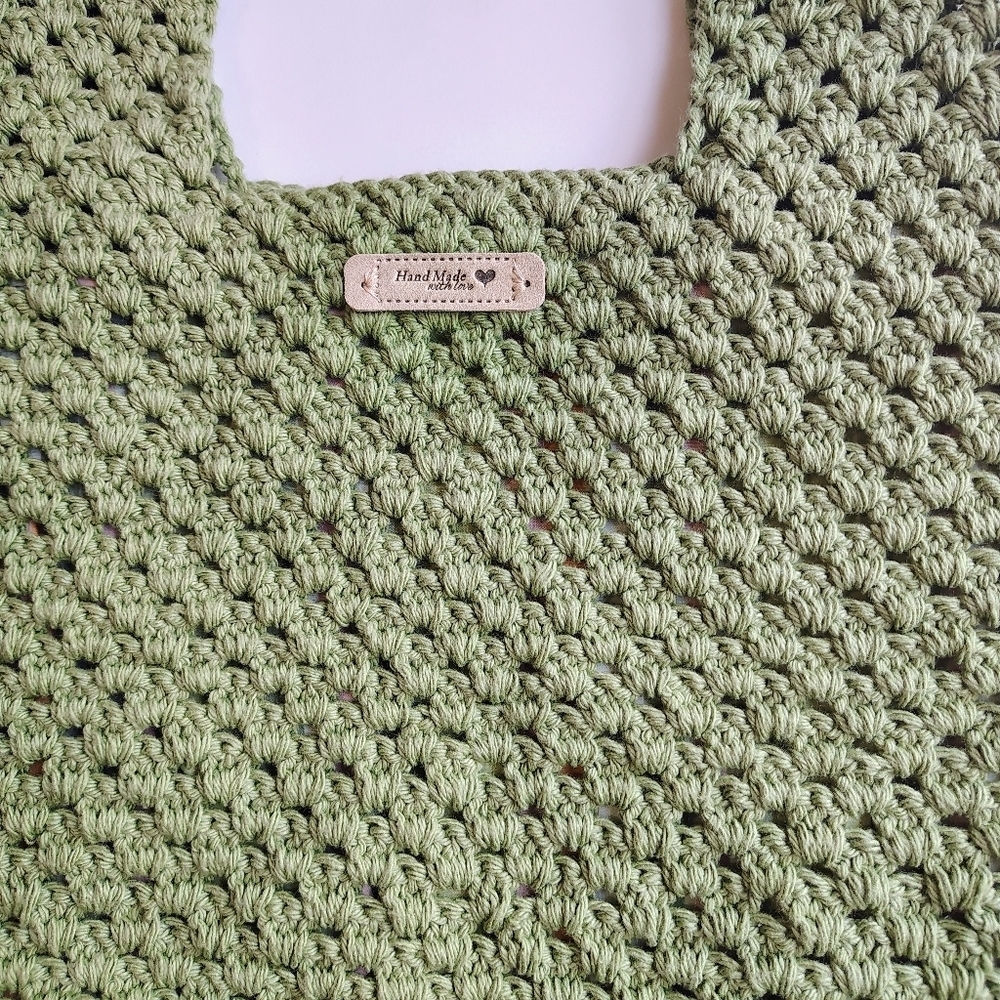 NWOT Handmade Tote Shoulder Bag Boho Chic Crochet Olive Green, Lightweight. - Picture 4 of 16